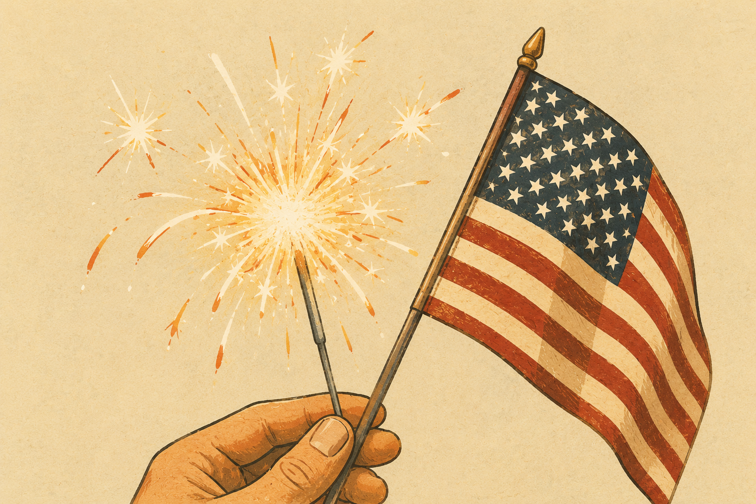 A hand holding a sparkler and an American flag