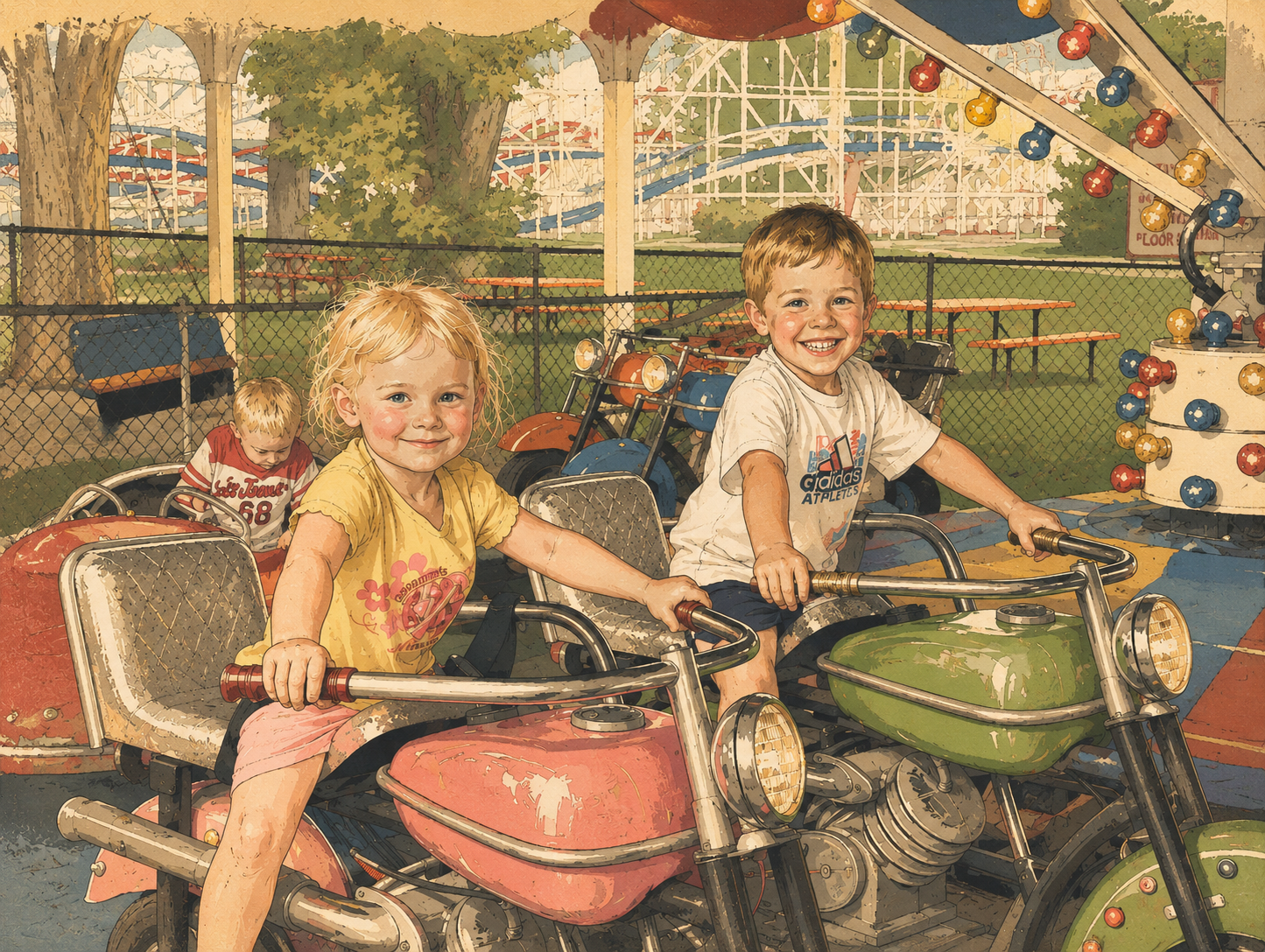 Two children riding the kiddie motorcycles at Stricker's Grove