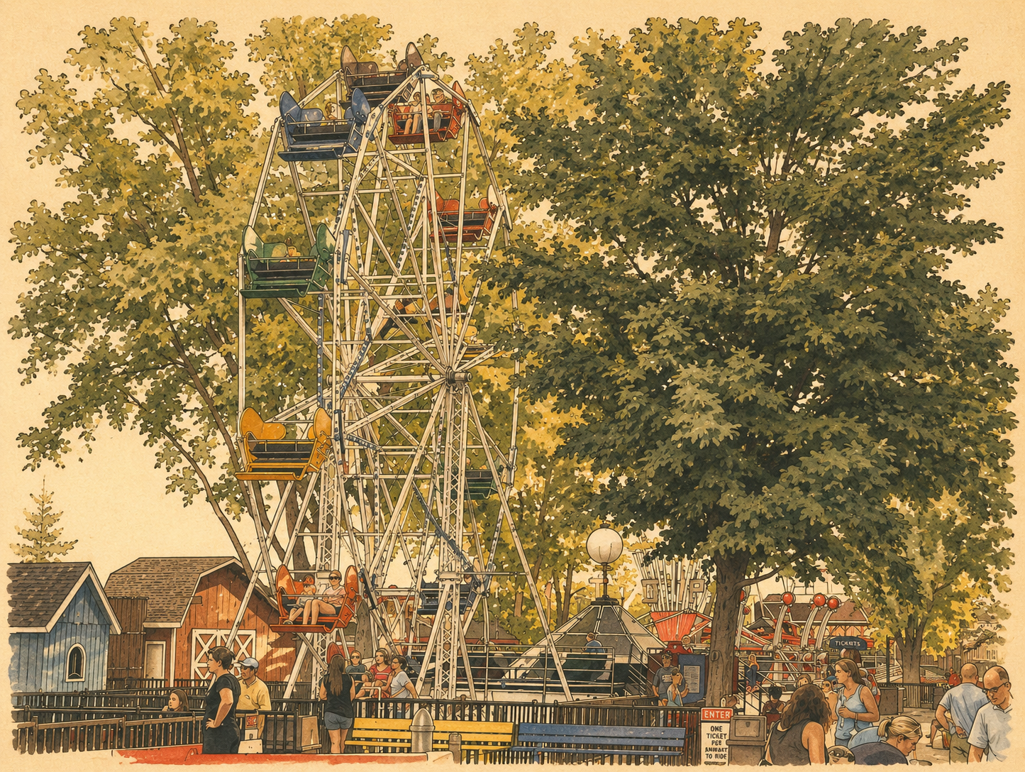 The ferris wheel at Stricker's Grove surrounded by trees