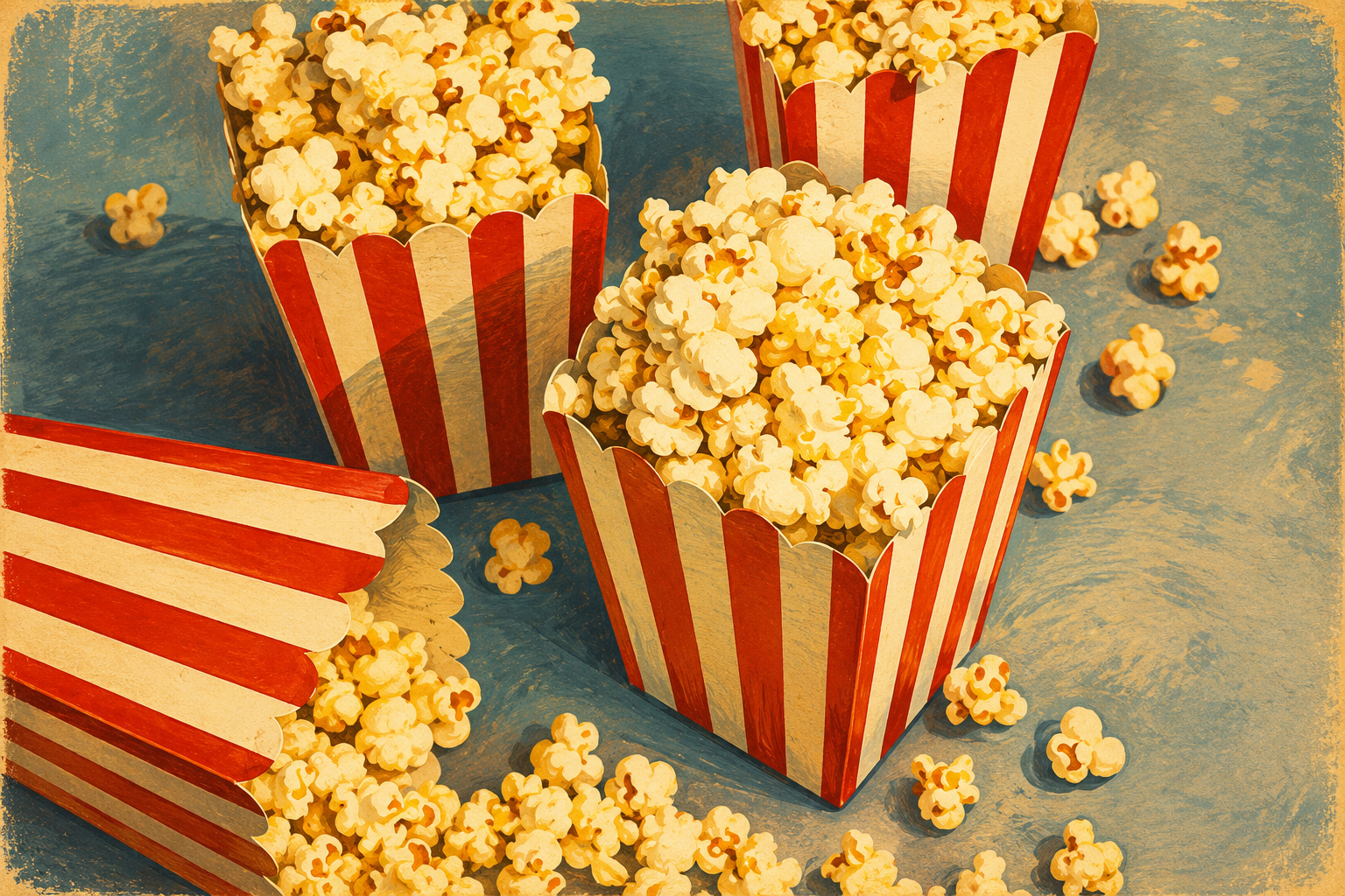 Red-and-white striped popcorn boxes overflowing with popcorn
